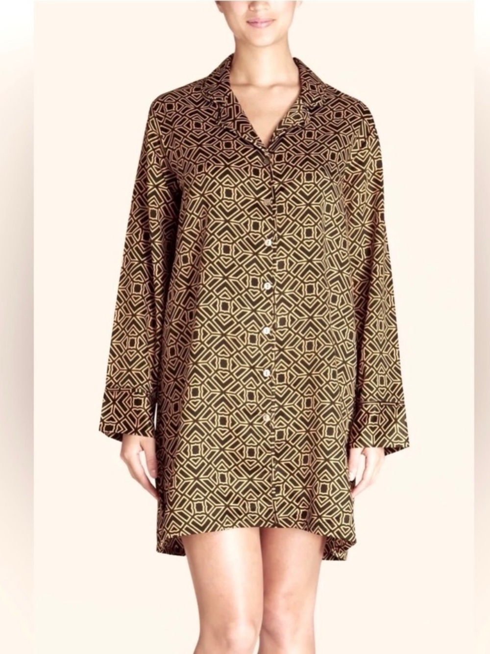 Natori TaPei Black & Gold Geometric Button-Up Sleepshirt Women’s Large